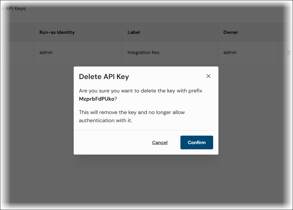 The Delete API Key window.